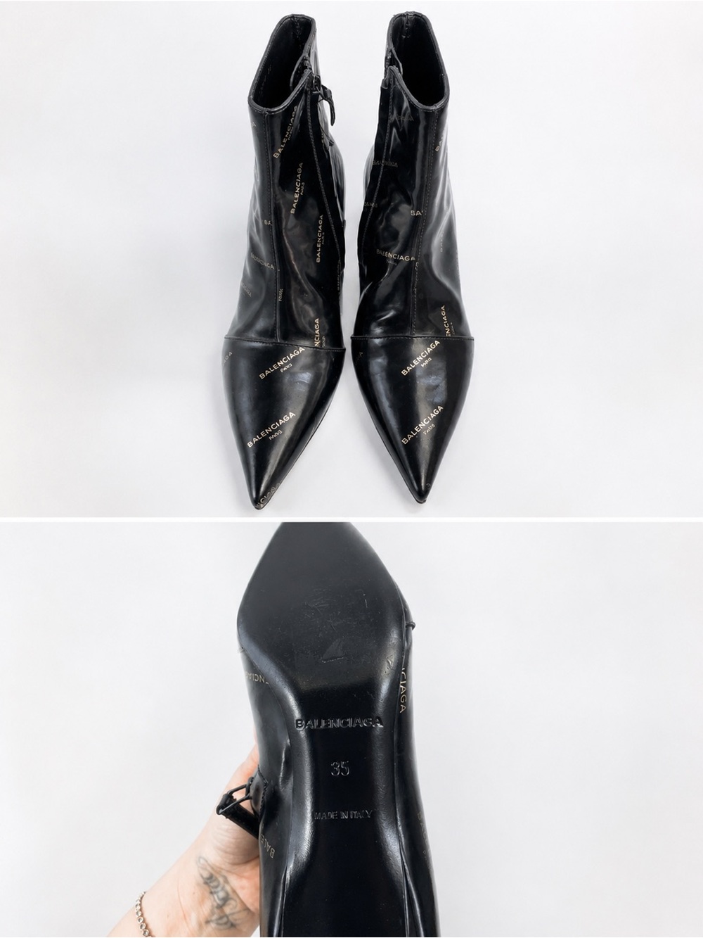 Balenciaga Black Pointed Patent Ankle Boots with Logo Print